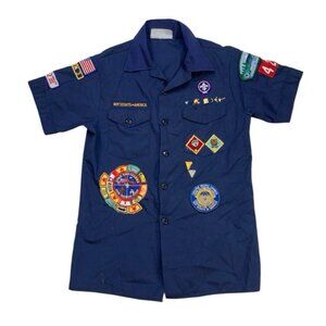 *Boy Scouts Of America Shirt Blue Button Front Short Sleeve Patches Pins Size Lg